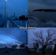 four different shots of the same street light at night and in the day, blue hour