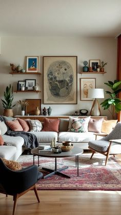 a living room filled with furniture and lots of pictures hanging on the wall above it