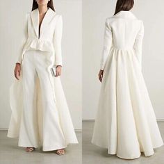 Jacket For Jumpsuit Outfit, Suits For Women Modern, White Fall Party Suit, White Long Sleeve Party Blazer, White Long Sleeve Evening Suits, White Long Sleeve Suits For Winter, White Long Sleeve Winter Suit, White Fall Wedding Suits, White Fitted Party Outerwear