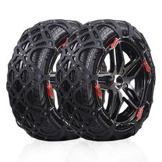 two black wheels with red spokes on them