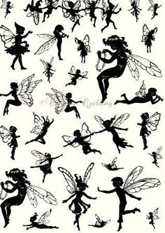 black and white silhouettes of different types of tinkerbells, from fairy tale to