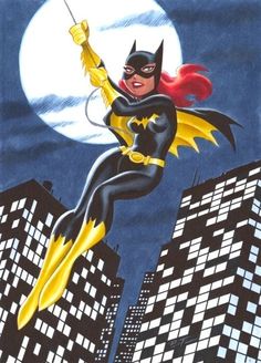 the batgirl is flying through the air over some tall buildings in front of a full moon