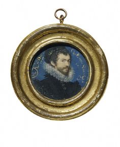 an antique portrait of a man with a beard in a gold frame on a white background