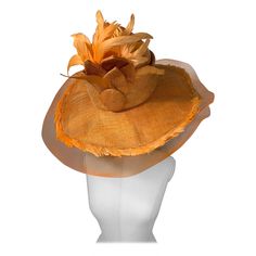 Susan van der Linde Orange Wide-Brim Straw Hat w Sheer Horsehair Rim & Feathers at Crown: Rounded high crown is banded with a rosette of straw leaves and beautiful orange cream color coque feathers. Wide brim is edged in coordinating horsehair braid and lain with matching feathers. Brim measures 22" across and size is US 6 3/4. Combs on inner band for securing. Please visit our 1Dibs Store for many more options from this same collection which belonged to an exacting collector who loved French Ha French Haute Couture, Horsehair Braid, Lame Fabric, Wide Brim Straw Hat, Love French, Color Crema, Couture Outfits, Head Hair, Orange Cream