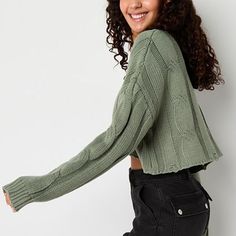 This Forever 21 women's and junior's cropped cable-knit sweater has distressed hems and an oversized fit, giving it a cool edge to work in with your favorite looks for fall and winter. Made from a soft chunky knit, it has a boat neckline and long sleeves. Wear it with skinny jeans and ankle boots.Closure Type: Pullover HeadNeckline: Boat NeckSleeve Length: Long SleeveFiber Content: 100% AcrylicCare: Dry Flat, Hand WashCountry of Origin: Imported Trendy Cropped Cotton Sweater For Winter, Trendy Cotton Cropped Sweater For Winter, Trendy Fitted Cable Knit Cropped Sweater, Trendy Cropped Cable Knit Sweater With Crew Neck, Trendy Cropped Cotton Sweater, Casual Cropped Sweater With Chunky Knit, Trendy Cropped Winter Sweater, Trendy Cropped Sweater For Winter, Trendy Knit Crop Top For Winter