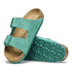 Arizona Suede Leather Green Suede Sandals With Removable Insole, Green Suede Sandals With Leather Footbed, Green Birkenstock, Birkenstock Styles, Birkenstock Arizona, Eva Sole, Metal Pins, Soft Suede, Natural Leather