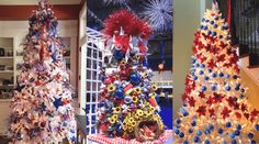 three christmas trees are decorated with red, white and blue decorations in the shape of fireworks