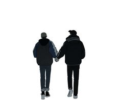 two people holding hands while walking down the street in front of a white background and one person wearing a black jacket