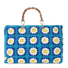 Handmade crochet bagBamboo-look handlesFlowers on light blue backgroundInner flap with metal zipInside pocket with zipSizes:45 cm x 35 cm x 14 cm Blue Tote Bag With Bamboo Handle, Blue Tote Bags With Bamboo Handle, Blue Everyday Bags With Bamboo Handle, Blue Summer Bags With Bamboo Handle, Blue Bags With Bamboo Handle For Everyday Use, Blue Travel Bag With Bamboo Handle, Blue Rectangular Crochet Bag For Spring, Rectangular Blue Crochet Bag For Spring, Blue Vacation Bag With Bamboo Handle