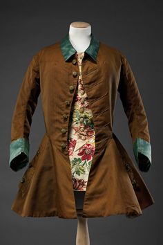 Riding Jacket, 1740s, Worsted wool, trimmed with brocaded silk and silk satin 18th Century Jacket, Riding Habit