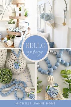 a collage of blue and white items with the words hello spring