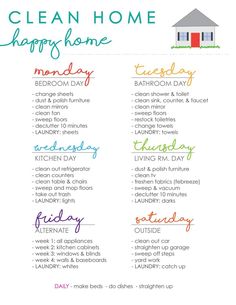 a clean home cleaning checklist with the words happy home on it and an image of a