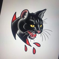 a painting of a black cat with yellow eyes and blood dripping down the side of its face