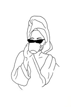 a drawing of a woman with sunglasses on her face and hand to her mouth, in black and white