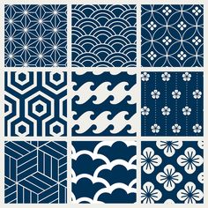 six different patterns in blue and white