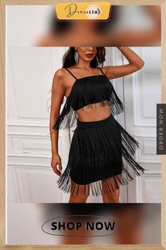 a woman wearing a black fringe skirt and crop top with the words shop now on it