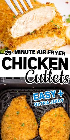 chicken cutlets in an air fryer with text overlay