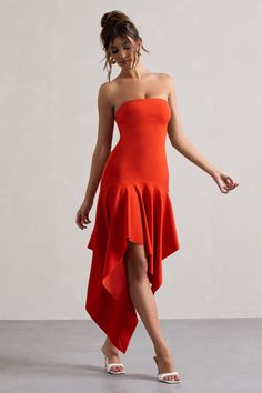 Catalina | Orange Bandeau Maxi Dress With Draped Hem Midi Bridesmaid Dress, Tropical Orange, Bandeau Maxi Dress, Club L London, Dark Dress, Black Dress Prom, Casual Day Dresses, Party Dress Long Sleeve, Strapless Maxi