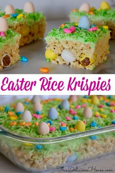 an easter rice krispies recipe in a glass dish