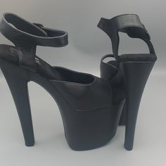 8" Height 20cm 4" Platform 8cm Black Matte Foe Leather New Without Box Leather Heels With 4-inch Heel For Club, 4-inch Leather Heels For Club, Fitted 4-inch Heels For Club, Platform Closed Toe Heels For Club, Faux Leather High Heels For Club, Platform Heels For Club, Platform Heels With Ankle Strap For Club, Edgy Heels With Open Side Vamp For Party, Open Toe Leather Heels For Club