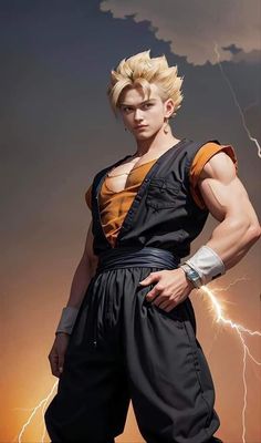 a young man with blonde hair standing in front of a lightning storm wearing an outfit