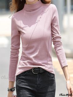 Olivia Mark - Button Decor Mock Neck T-Shirt, Versatile Solid Long Sleeve T-Shirt For Spring & Fall, Women's Clothing Mock Neck And T Shirt, High Neck Long Sleeve, Quality Fashion, Fashion Lighting, Spring And Fall, Mock Neck, Casual Tops, High Neck, High Quality