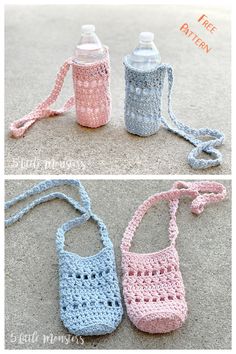 two crocheted purses sitting on the ground next to each other, one with a water bottle in it