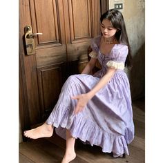 Gaganight Women Misty Purple Cloud French Style Retro Fairy Style Dress 2024 Summer New Slim Fit Purple Fairycore Dress With Ruffles, Dress French Style, Fairycore Dresses, Womens Lace Shorts, French Dress, Vintage Woman, Floral Fit, Bubble Sleeve, Lace Patchwork