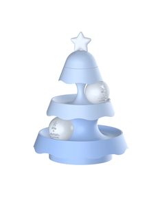 a blue christmas tree with white balls on it's bottom and one star above the top