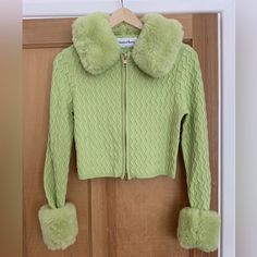 Uk 6 / Xs Never Worn Soul Surfer, Cardigan Green, House Of Sunny, Zippered Cardigan, Button Cardigan, Black Faux Fur, Fur Trim, Long Sleeve Knit, Black Sweaters