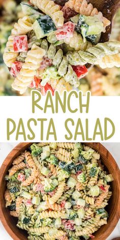 pasta salad with broccoli and spinach in a wooden bowl, on top of a