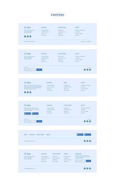 the website design for footers is shown in light blue and white, with an image of