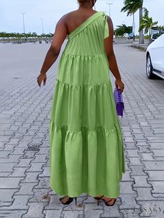 Lasaky - Womens Plus Size Vacation Dress: Elegant One-Shoulder Ruffle Trim Smock Maxi Dress One Shoulder Ruffle Summer Maxi Dress, Summer One-shoulder Maxi Dress With Ruffles, Summer One-shoulder Solid Color Midi Dress, One Shoulder Ruffled Summer Maxi Dress, Green One-shoulder Maxi Dress For Summer, One Shoulder Solid Color Summer Midi Dress, Green One Shoulder Maxi Dress For Summer, Summer Solid Color One-shoulder Midi Dress, Summer Green One-shoulder Dress For Brunch