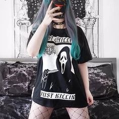 Black Halloween Gothic Print Loose Shirt Aesthetic Grunge Black, Edgy Grunge Style, Dark Punk, Halloween Clothes, Punk Design, Punk T Shirt, Halloween Gothic, Tees Pattern, Loose Shirt