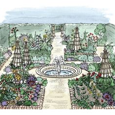 an illustration of a garden with a fountain and flowers in the foreground, surrounded by greenery