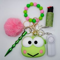 Keroppi Guardian Safety Keychain with optional Pepper Spray Silicone Bead Wristlet, Diy Safety, Safety Keychain, Pink Car Accessories, Coconut Dream, Whimsical Style, Character Collection, Everyday Adventures, Pink Car