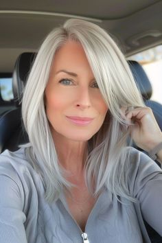 Capture attention with these eye-catching silver-blonde styles perfect for 2024. Visit the link to see more and save this pin to your hair inspiration board! Platinum Blonde With Grey Highlights, Blondes With Grey Hair, Lowlights For White Grey Hair, Icy Blonde Grey Hair, Silver Hair Hairstyles, Blending White Hair With Highlights, Silver To Blonde Hair, Silver Blonde Long Hair, Ice Blonde Grey Hair