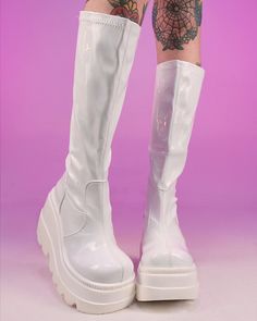 Demonia Shaker White Holo Knee High Boots – Rave Wonderland Platform Boots Aesthetic, White Thigh High Boots, Rave Boots, Stretch Knee High Boots, White Platform Boots, Rave Shoes, Oxford Shoes Heels, Edm Festival Outfit, Festival Outfits Rave