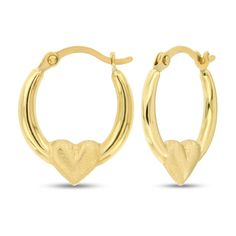 These darling 14K yellow gold earrings feature a classic hoop design adorned with a heart. The earrings secure with hinged backs. Elegant Huggie Earrings For Valentine's Day, Yellow Gold Hoop Earrings For Valentine's Day, Tarnish Resistant Yellow Gold Heart Earrings, 14k Gold Hoop Earrings With Heart Charm, Gold Hoop Earrings With Heart Charm, Classic Gold Open Heart Earrings, Anniversary Yellow Gold Hinged Hoop Earrings, Valentine's Day Open Heart Huggie Earrings, Valentine's Day Open Heart Huggie Earrings For Anniversary