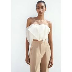 Sold Out On Zara Website - High Waisted Pants With Pronounced Seams At Front And Back. Front Welt Pockets. Front Zip, Metal Hook, And Inside Button Closure. Elegant Cropped Bottoms For Spring, Elegant Cropped Beige Bottoms, Chic Beige Cropped Bottoms, Elegant Cropped Bottoms For Summer, Cropped Linen Trousers, Crochet T Shirts, Sequin Rompers, Strapless Crop Top, Scarf Top