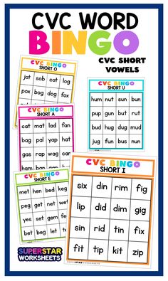 the cvc word bingo game is shown in three different colors and font styles, with two