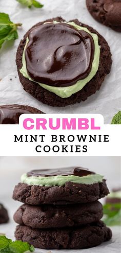 chocolate cookies with mint cream on top and the words crumbi mini brownie cookies