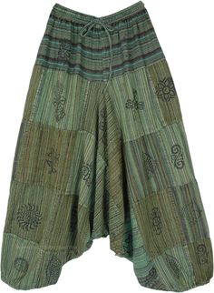 Striped Patchwork Green Aladdin Pants with Symbols | Green | Split-Skirts-Pants, Patchwork, Yoga, Vacation, Printed, Striped, Bohemian, Handmade Green Baggy Harem Pants In Hippie Style, Baggy Green Hippie Harem Pants, Bohemian Baggy Patchwork Harem Pants, Green Baggy Hippie Bottoms, Green Patchwork Harem Pants For Festival, Genie Pants, Cotton Harem Pants, Unisex Pants, Drop Crotch Pants