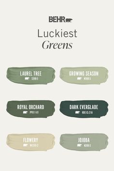 several shades of green paint with the words'luckest greens'in white on them