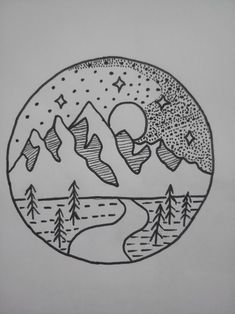 a drawing of mountains and trees in a circle