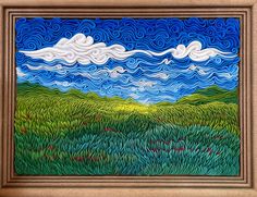 a painting that is on display in a wooden frame with blue sky and clouds above it