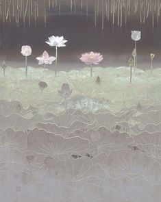 an abstract painting with flowers and water lilies in the foreground, against a dark background