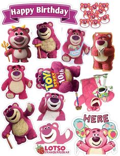 pink teddy bear stickers with happy birthday messages on it's face and the words,