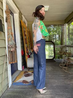 "How about a pizza dat a$$?? With these rare vintage indigo denim pizza pants! Big embroidered back pocket, straight leg fit, dark dark wash. In excellent condition with snap button and zipper closure. Waist: 26\" Hips: 33\" max, best for 32\" Rise: 11\" Inseam: 30\" Model is 5'7\" and 116 lbs with measurements of 30x24x34. These were slightly small in the hips." Cotton Flare Jeans With Wide Leg For Festival, Cotton Wide Leg Flare Jeans For Festival, Festival Wide Leg Cotton Jeans, Straight Leg Cotton Jeans For Festival, Dark Wash Cotton Bottoms For Festival, Festival Dark Wash Cotton Bottoms, Hippie Fitted Denim Jeans, Cotton Fitted Flare Jeans For Festivals, Festival Cotton Bottoms In Dark Wash