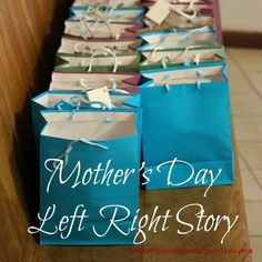 there are many bags on the table with words that read, mother's day left right story